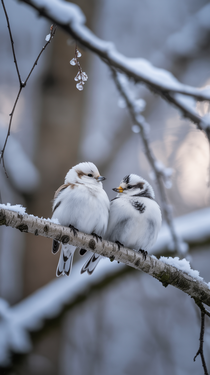 Birds in snow on tree branch